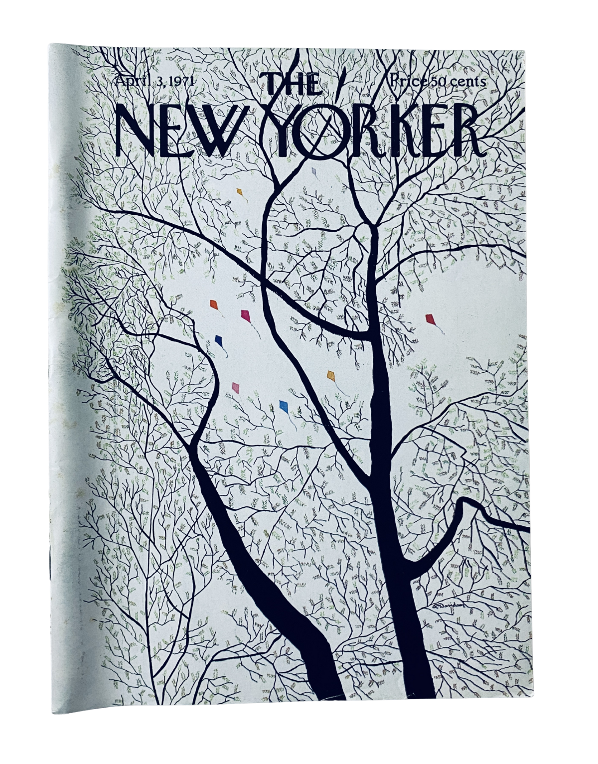 The New Yorker Magazine cover from April 3, 1971, featuring an illustration by Raymond Davidson with tree branches and colorful kites, showcasing a blend of nature and whimsy in a very good condition.