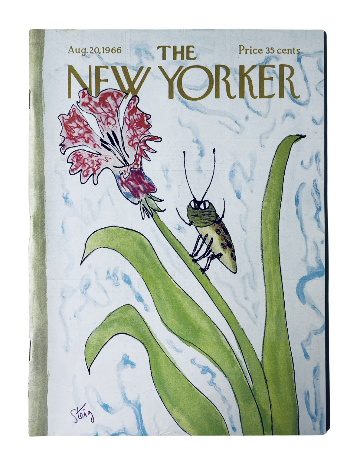 The New Yorker Magazine August 20, 1966 cover featuring a colorful illustration of a grasshopper on a flower, created by W. Steig. The magazine is priced at 35 cents.