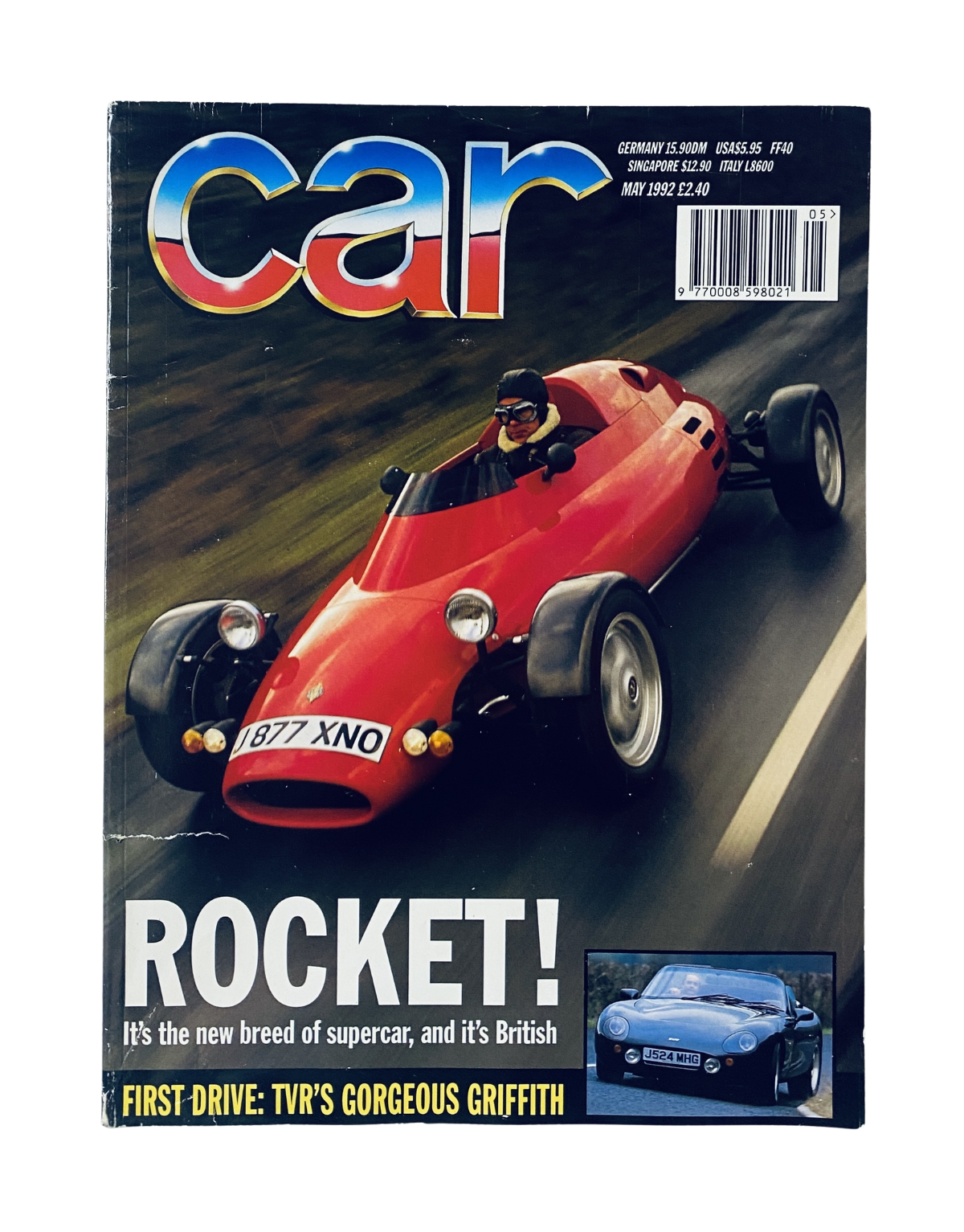Cover of CAR Magazine May 1992 featuring TVR Griffith Rocket first drive, BMW and Porsche tests. The image depicts a vibrant red supercar on the track, showcasing its sleek design, with the magazine title prominently displayed.