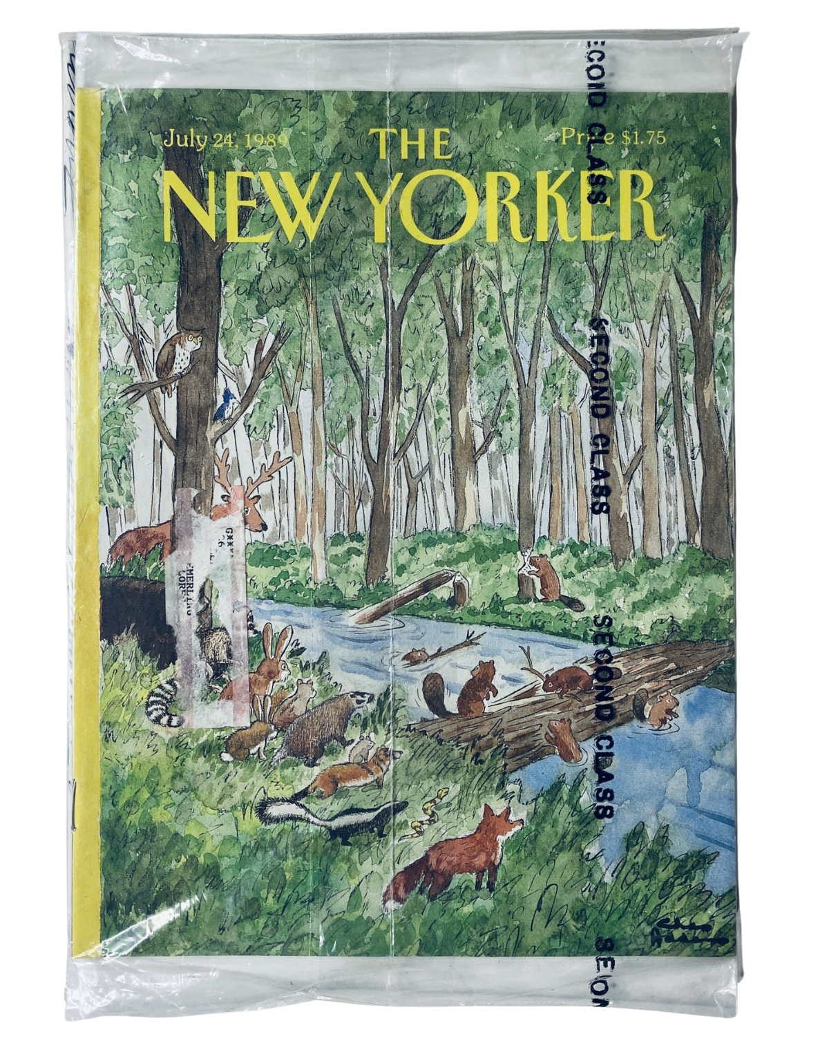 SEALED The New Yorker Magazine July 24, 1989 cover featuring a vibrant forest animals river scene, ideal for collectors of vintage publications.