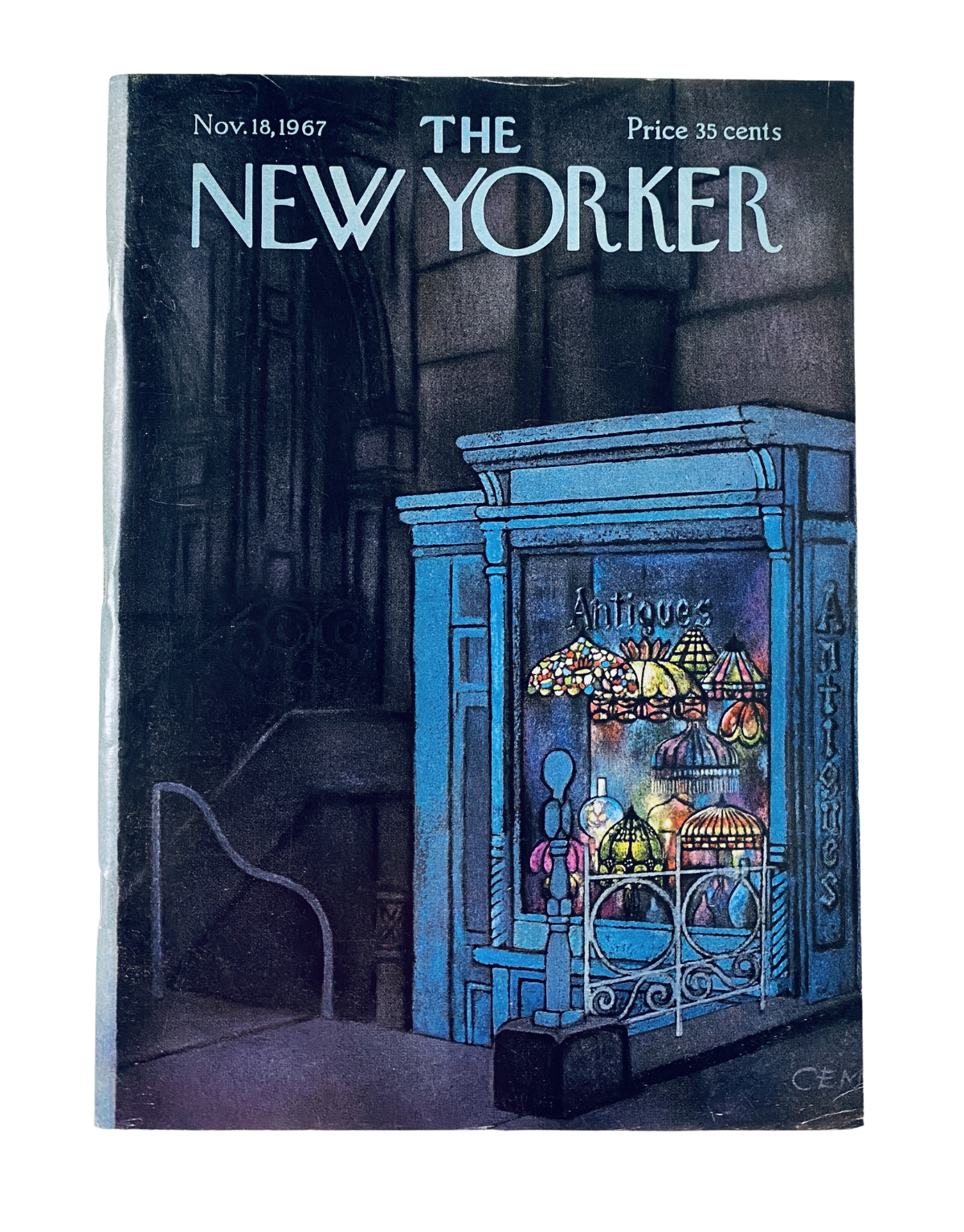 Cover art of The New Yorker Magazine dated November 18, 1967 featuring an antiques shop scene by Charles Martin, depicting a vibrant display of antique items.
