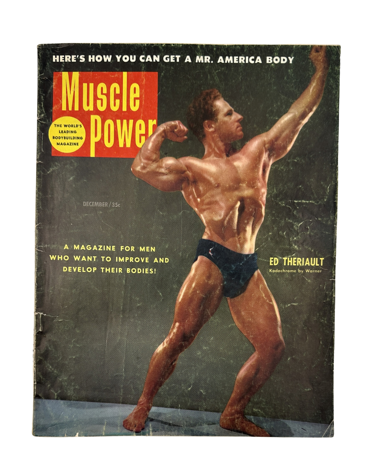 Cover image of Muscle Power Magazine December 1952 featuring Ed Theriault showcasing his physique in a bodybuilding pose.