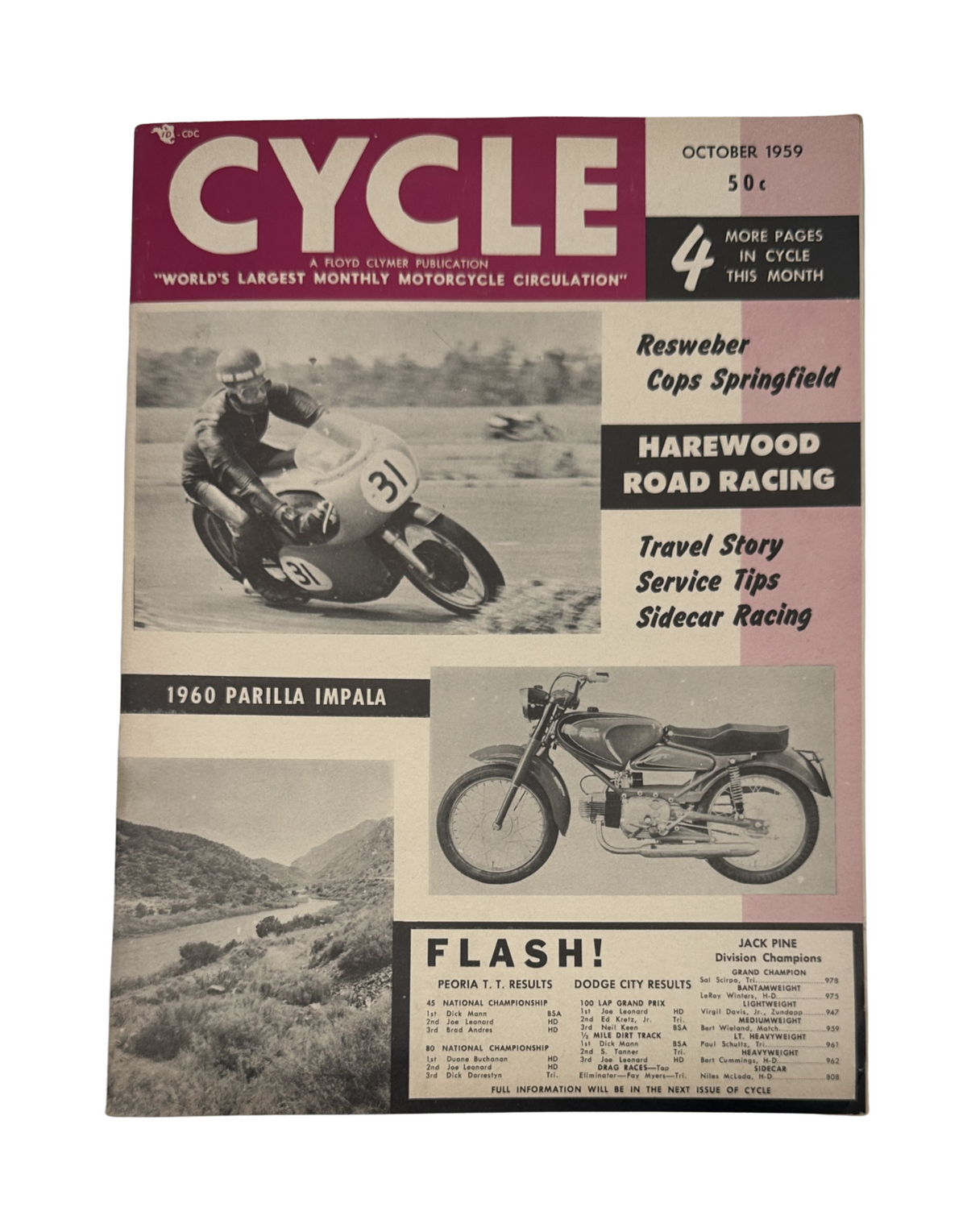 Cycle Magazine October 1959 featuring Harewood Road Racing, 1960 Parilla Impala Sidecar on the cover, showcasing motorcycle racing highlights and articles.
