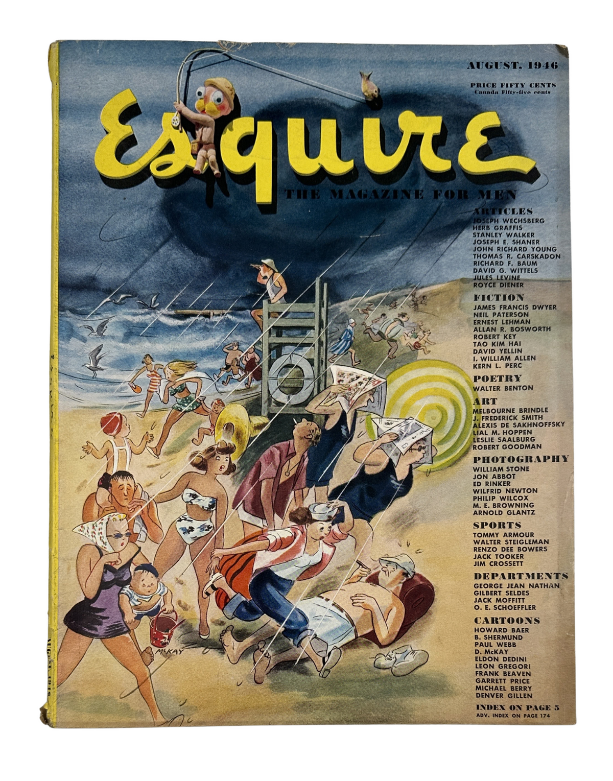 Esquire Magazine August 1946 cover featuring colorful illustrations of beachgoers and a playful theme. The title emphasizes sailing in San Francisco Bay and includes references to various articles and features.