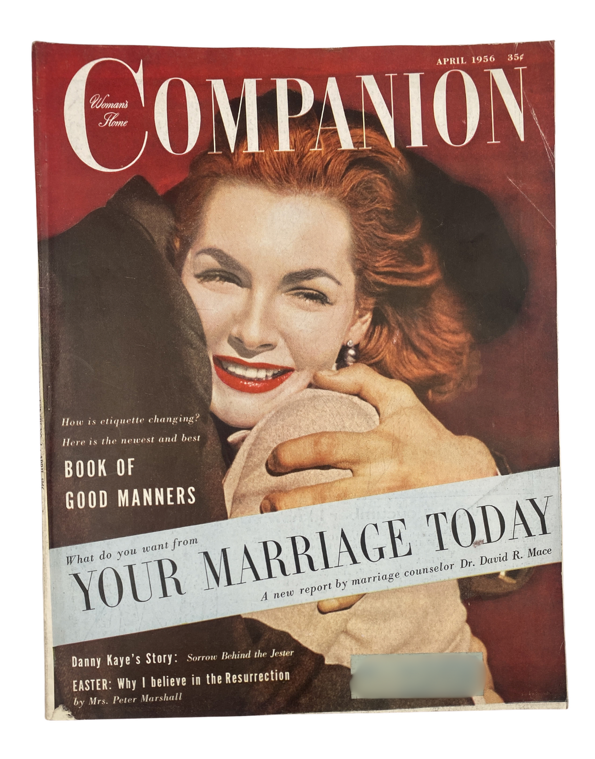 Cover of Woman’s Home Companion Magazine April 1956 featuring a woman with red hair and a descriptive headline about marriage. The cover highlights the 'Book of Good Manners' and includes teasers for articles like 'Your Marriage Today'.