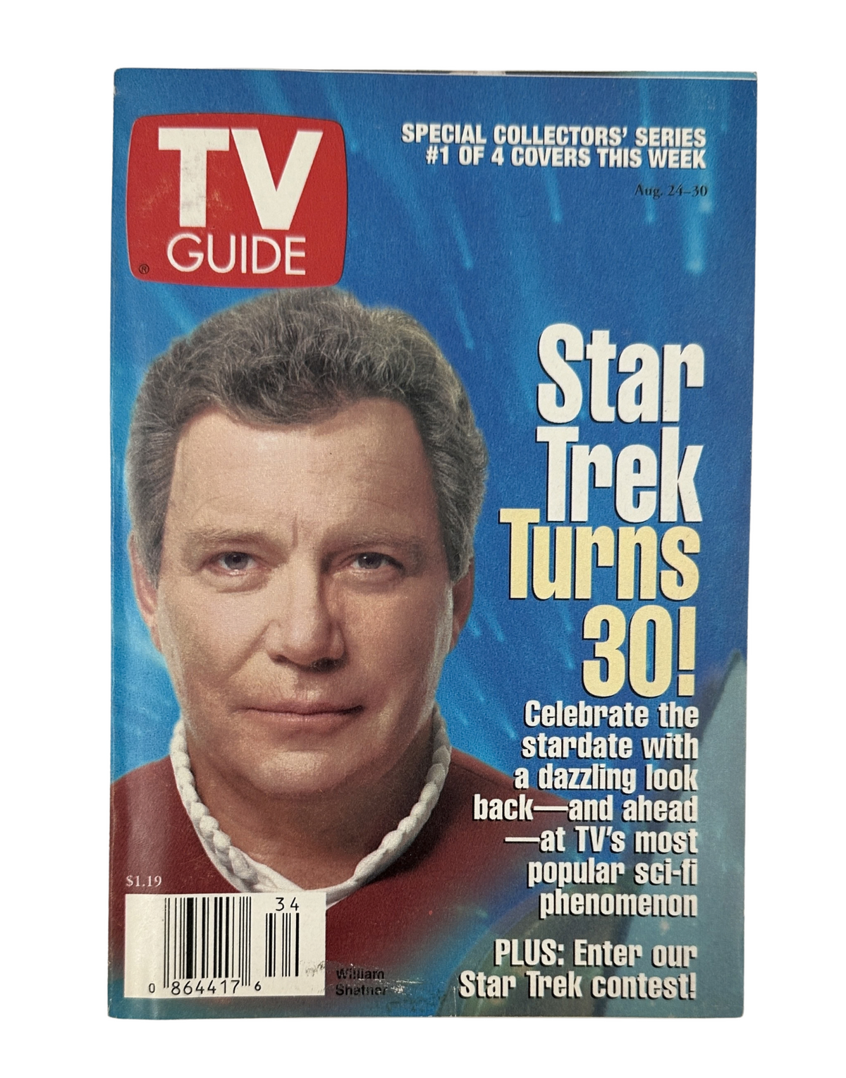 TV Guide Magazine August 24, 1996 cover featuring William Shatner celebrating Star Trek's 30th anniversary.
