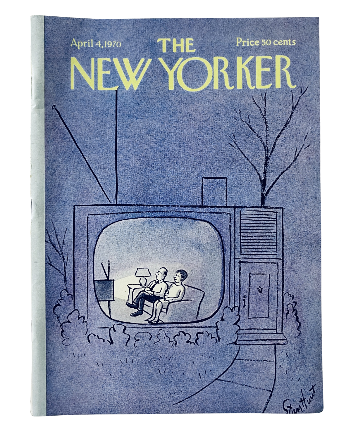 Cover of The New Yorker Magazine from April 4, 1970, featuring a whimsical illustration by Stan Hunt depicting a couple sitting in a living room watching television.
