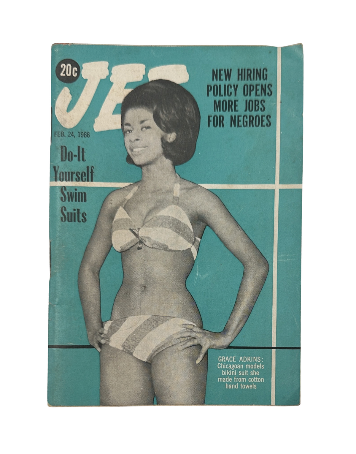 Jet Magazine cover from February 24, 1966 featuring Grace Adkins promoting new hiring policies and showcasing Do-It-Yourself swim suits.