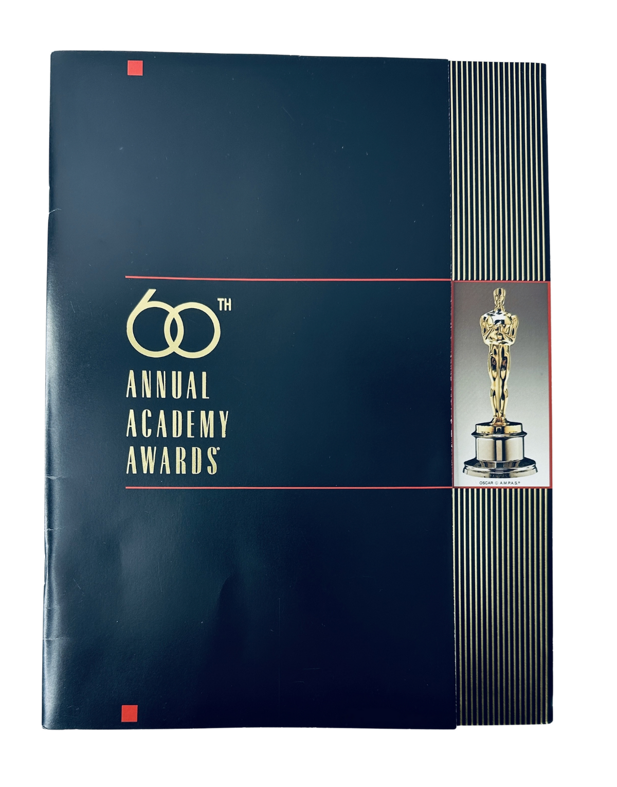 Cover of the 60th 1988 Annual Academy Awards Magazine, featuring the Oscar statue design, symbolizing the celebration of the Academy Awards.