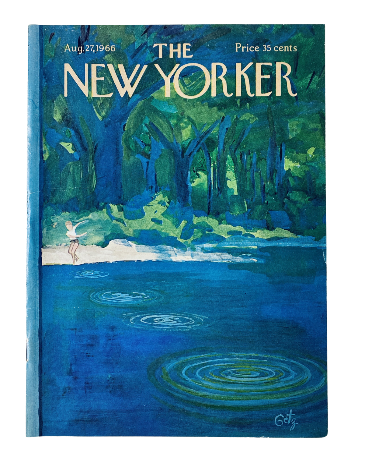 Cover of The New Yorker magazine from August 27, 1966, featuring a serene river swimmer scene with a lush green forest backdrop, artwork by A. Getz.