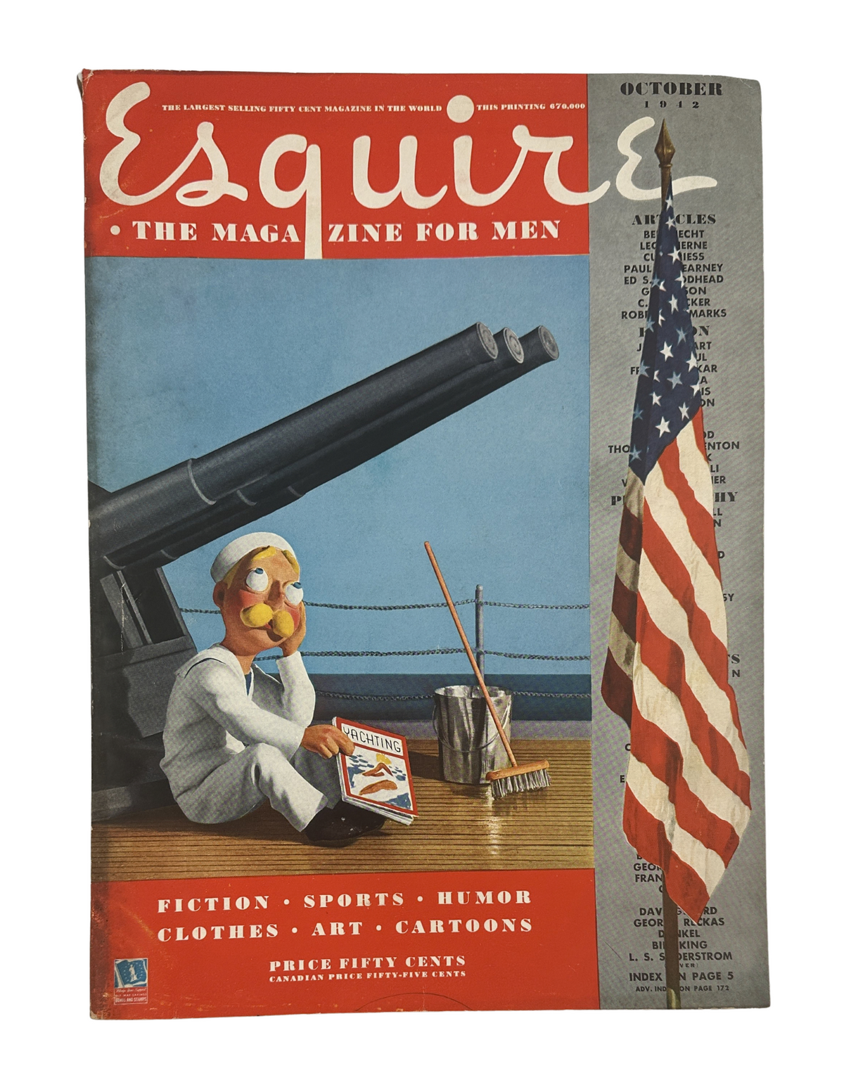 Cover of Esquire Magazine October 1942 featuring a whimsical illustration of a character holding a book with a flag backdrop, titled 'Esquire: The Magazine for Men', showcasing a blend of fiction, sports, humor, clothes, and art.