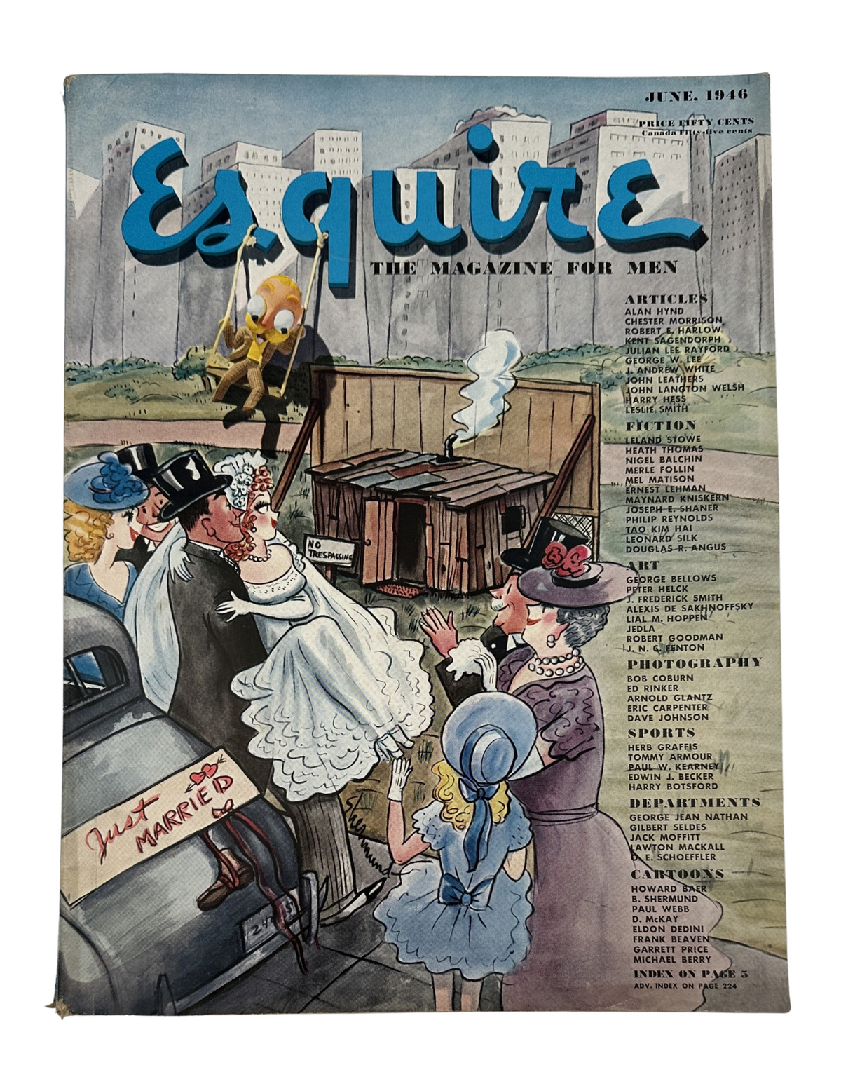 Esquire Magazine June 1946 cover featuring a colorful illustration showcasing a wedding scene with women in vintage attire and a car, along with the iconic magazine title and articles listed.