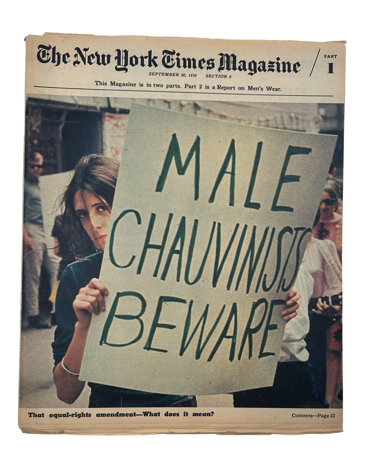 The New York Times Magazine September 20, 1970 cover featuring a woman holding a sign that reads 'MALE CHAUVINISTS BEWARE', highlighting the topic of the Equal Rights Amendment.