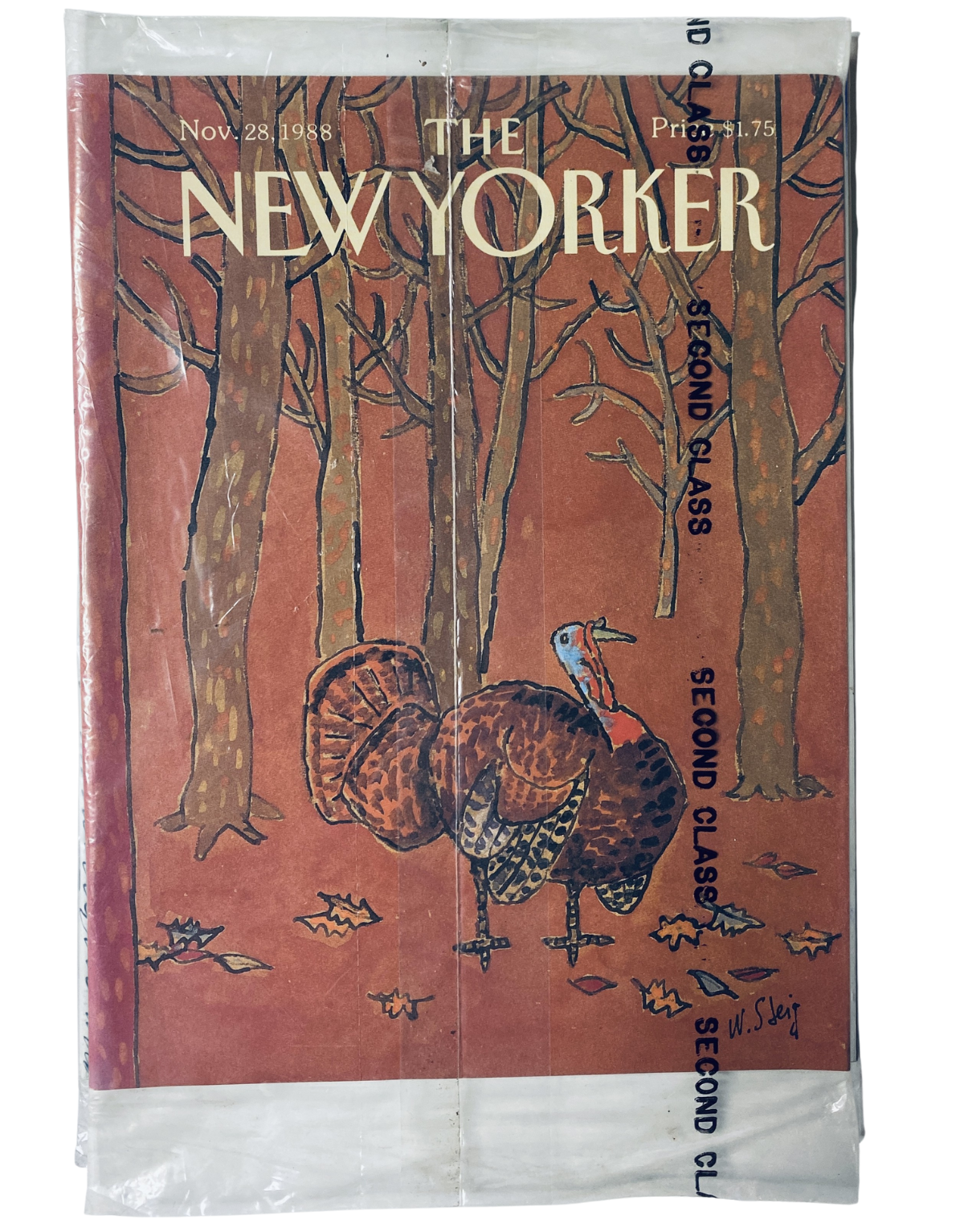 SEALED The New Yorker Magazine November 28, 1988, featuring a Turkey cover illustration by Steig, protected in original plastic wrap, ideal for collectors.