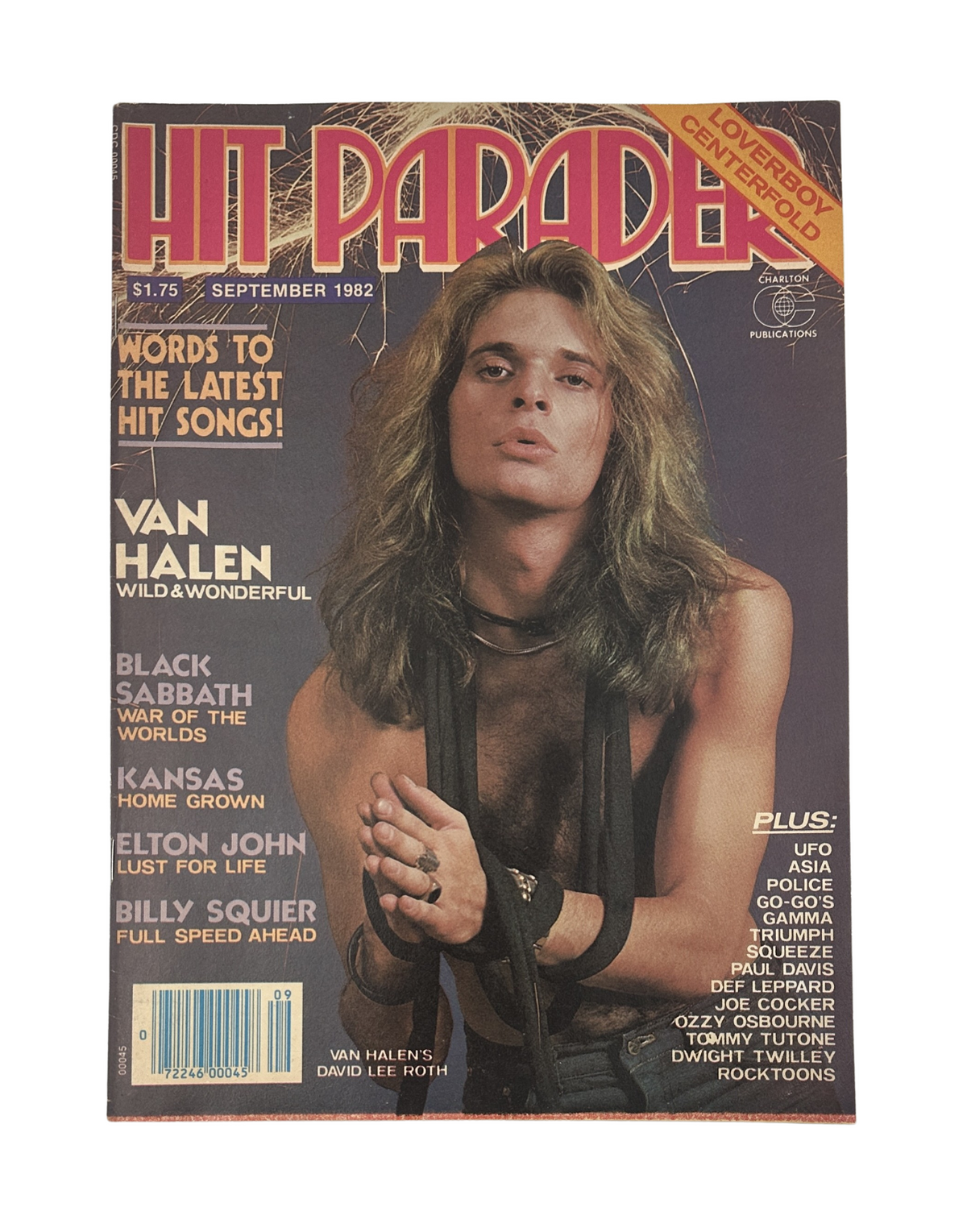 Hit Parader Magazine September 1982 featuring Van Halen on the cover, with a photograph of David Lee Roth, alongside articles about Elton John, Black Sabbath, Billy Squier, and more, all in very good condition.