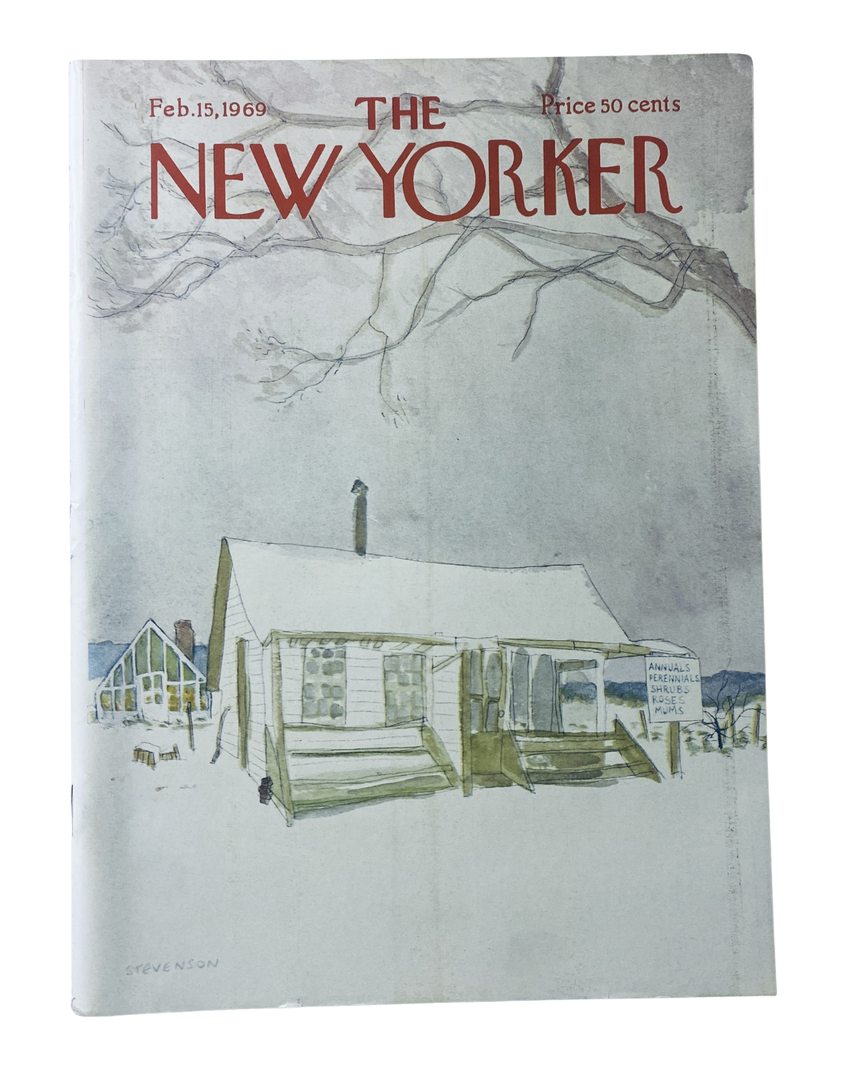 The New Yorker Magazine February 15, 1969 cover featuring a winter house illustration by James Stevenson, priced at 50 cents.