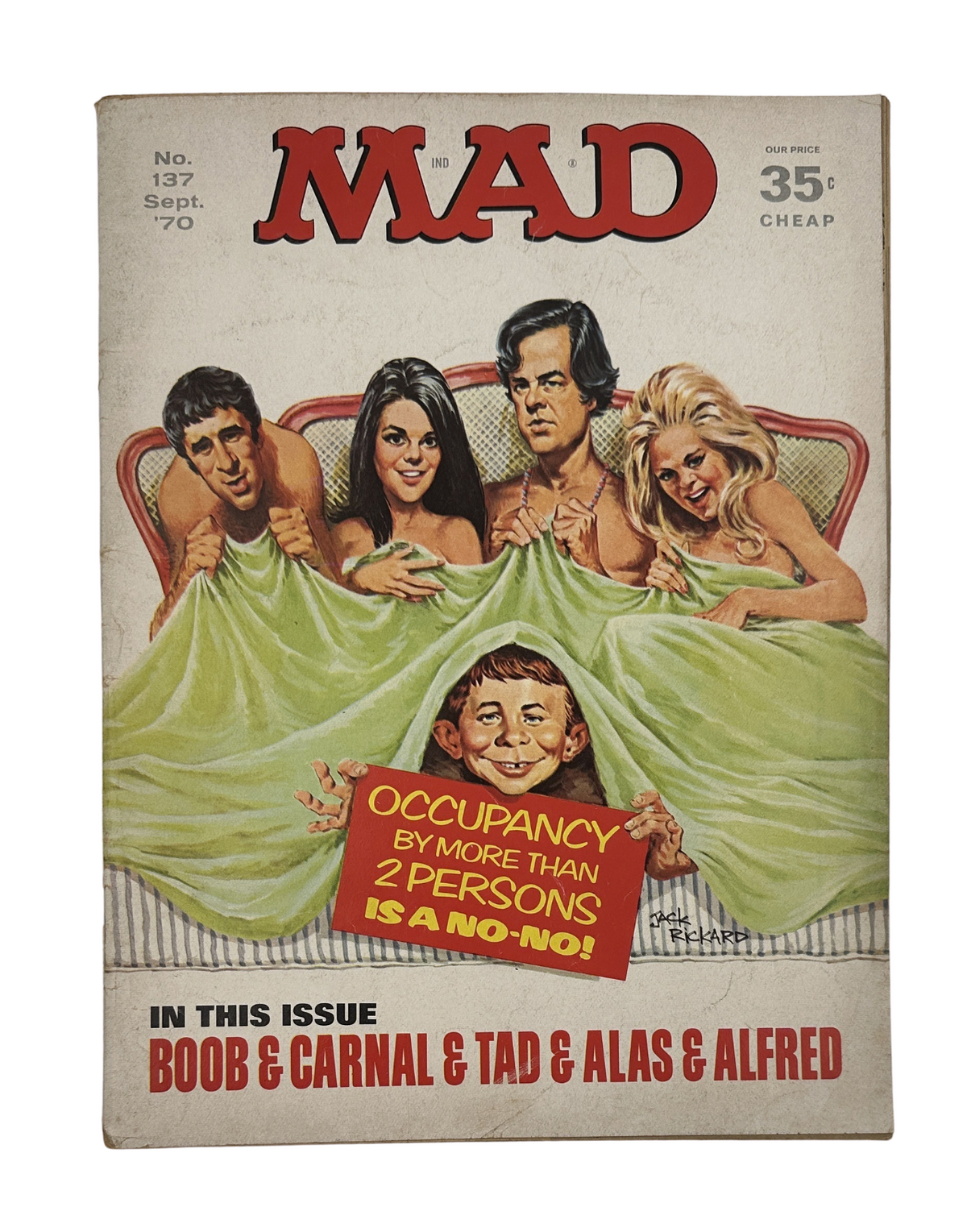 Cover of MAD Magazine No. 137 from September 1970, featuring characters under a green blanket with text reading 'Occupancy by More Than 2 Persons is a No-No'. Includes the title 'Boob & Carnal Alas Parody'.