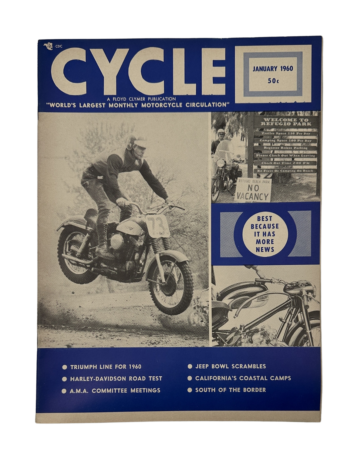 Cycle Magazine January 1960 featuring Harley-Davidson CH and Triumph road tests, A.M.A. committee meetings, and features on Baltimore Red Wings and California's Coastal Camps. Highlighting the best scrambles of the month.