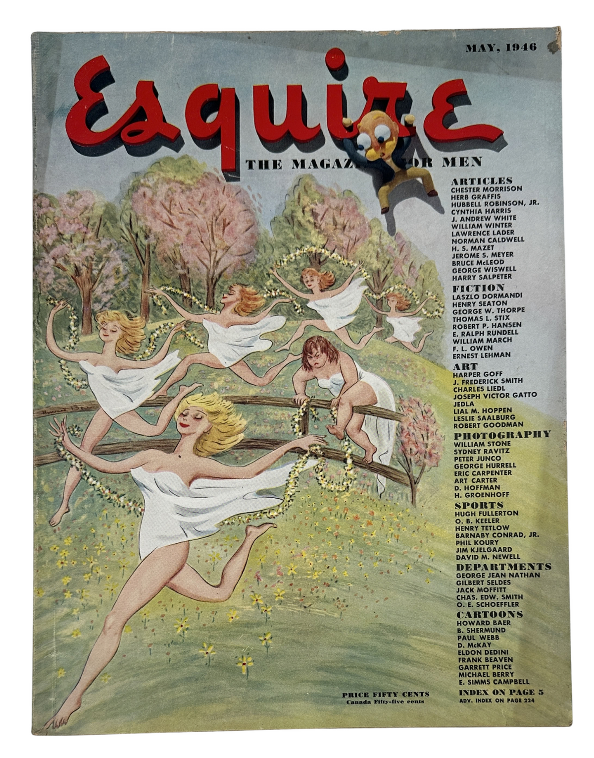 Esquire Magazine May 1946 cover featuring the Esquire Girl with notable artwork of dancing women in a floral setting. This magazine includes articles, fiction, and pictorial features.
