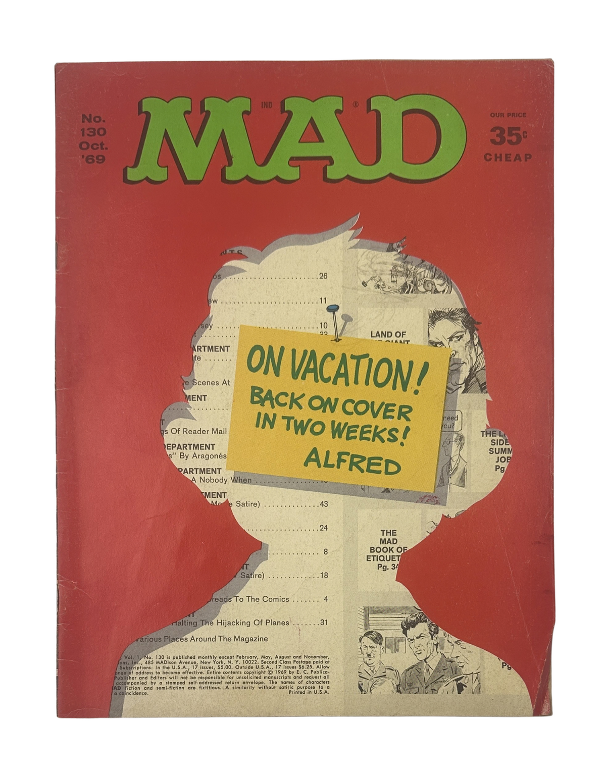 Cover of MAD Magazine No. 130 from October 1969 featuring a silhouette with a humorous note, relevant to College Riot TV satire and Spy vs Spy. The magazine is marked as 'on vacation!' revealing its unique vintage appeal.