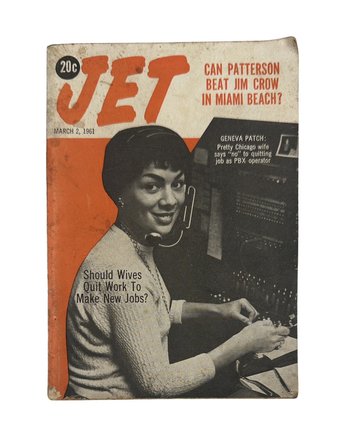 Jet Magazine March 2, 1961 cover featuring a woman at a telephone switchboard with headline about Jim Crow in Miami Beach, showcasing the Geneva Patch.