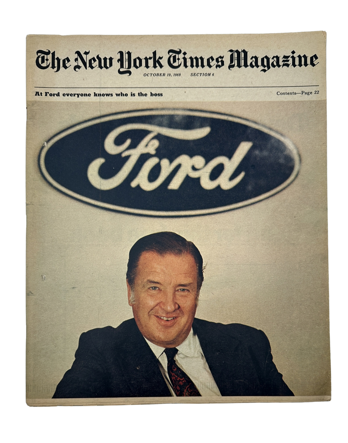 Cover of The New York Times Magazine, October 19, 1969 featuring Henry Ford II with the Ford logo, highlighting the article 'At Ford Everyone Knows Who Is the Boss'.