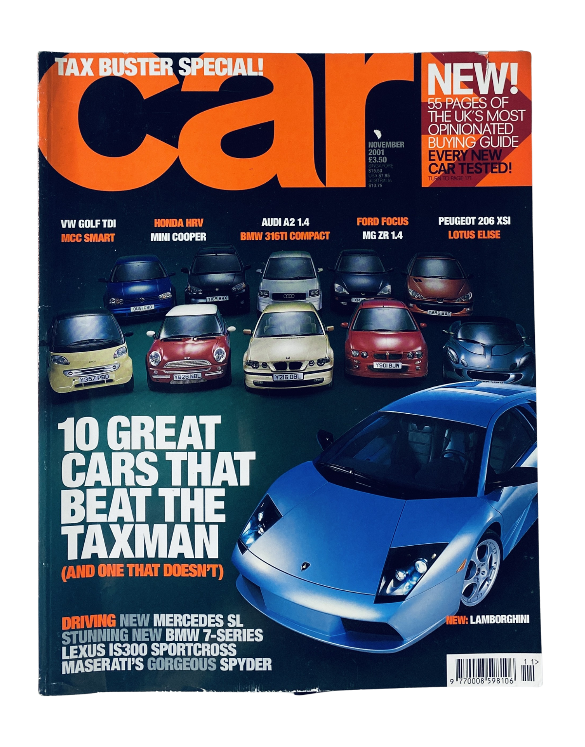 CAR Magazine Nov 2001 featuring Lamborghini Murciélago, BMW 7-Series, Smart cars, and IS300 Spyder on the cover, highlighting 10 great cars that beat the taxman.
