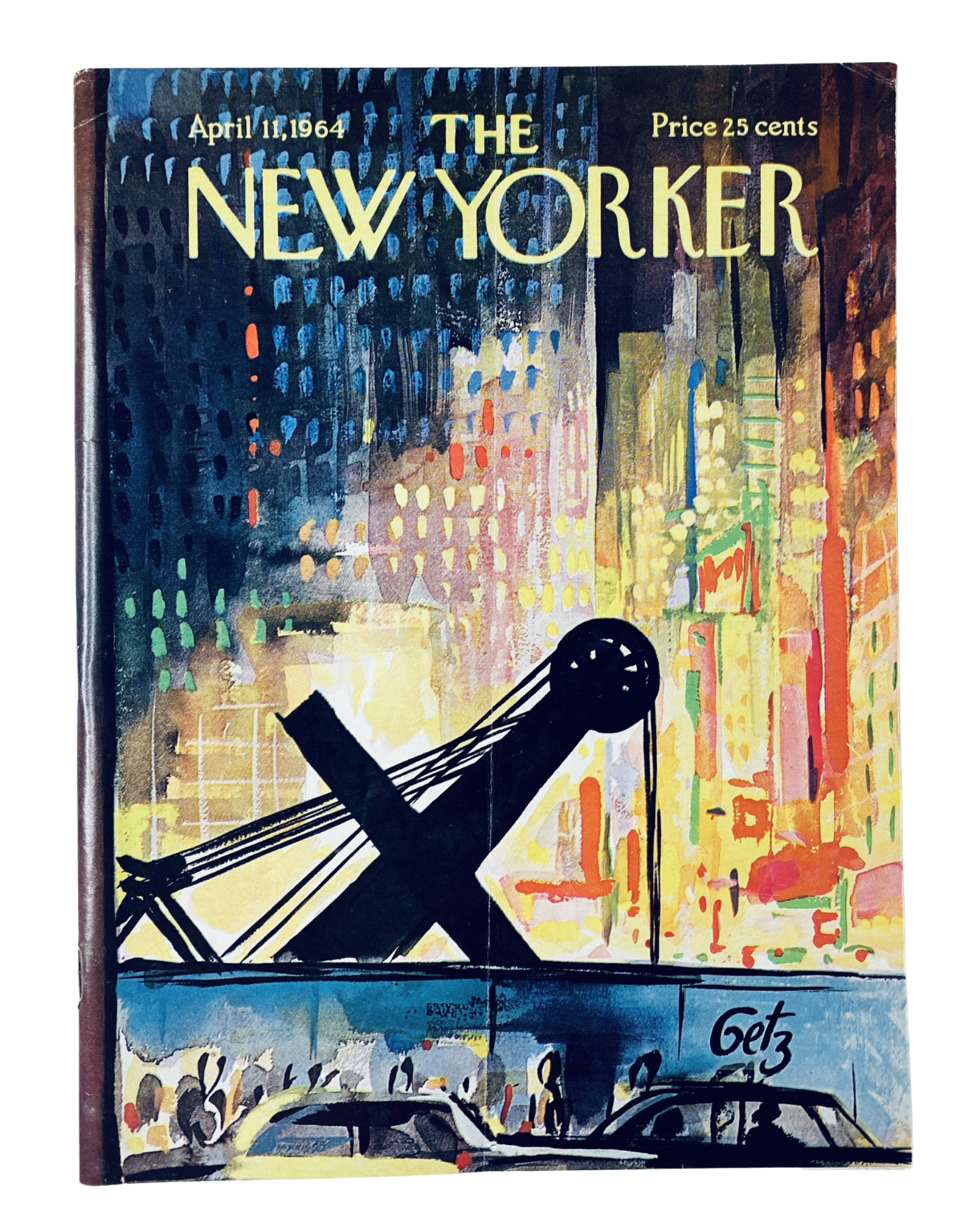 The New Yorker Magazine April 11, 1964 featuring an artistic cover illustration by Arthur Getz, displaying a city construction crane against a vibrant urban background with colorful lights.