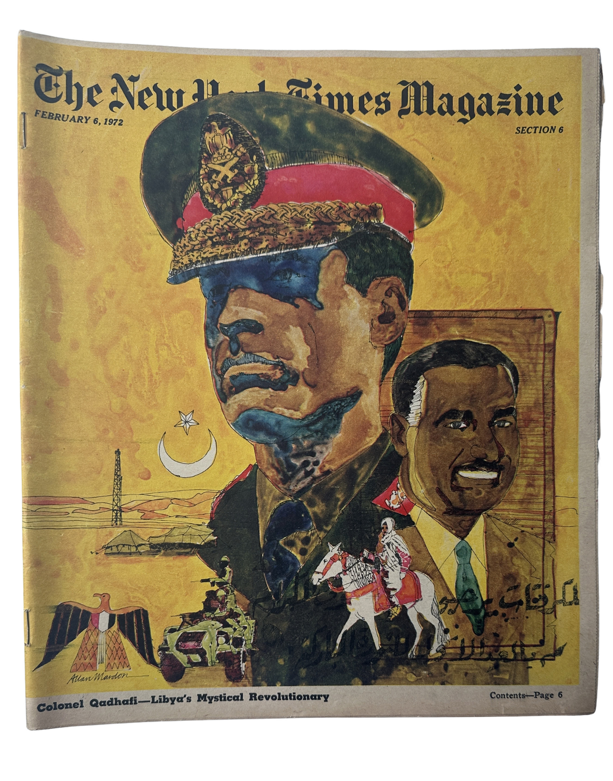 Cover of The New York Times Magazine February 6, 1972 featuring Colonel Qadhafi of Libya, illustrated with vibrant colors and featuring iconic symbols such as the crescent moon and star. The artwork is titled 'Colonel Qadhafi - Libya's Mystical Revolutionary.'