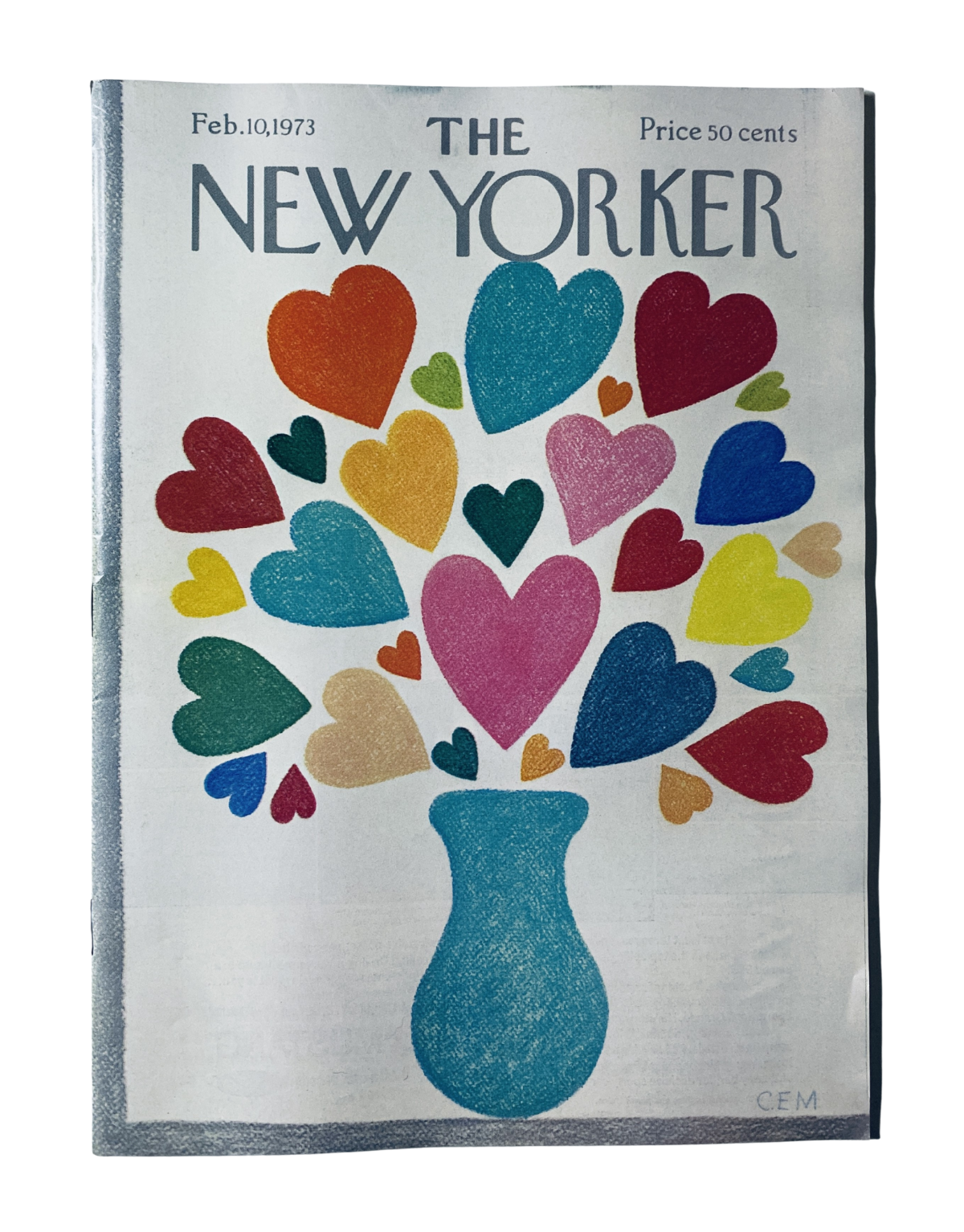 The New Yorker Magazine February 10, 1973 featuring a colorful heart vase cover design with vibrant hearts in various shapes and colors, indicating a theme of love and Valentine's Day.