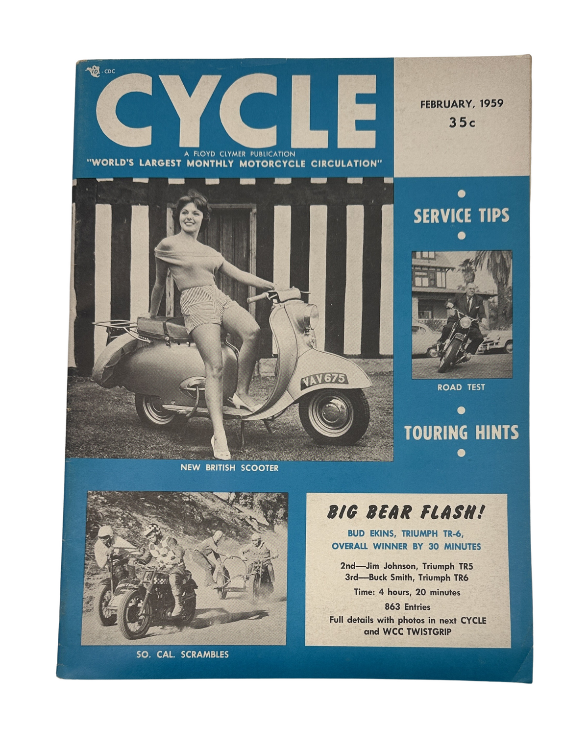 Cycle Magazine February 1959 cover featuring a young woman with a new British scooter and the title 'Cycle Magazine February 1959 BMW R 60 Road Test New British Scooter'.