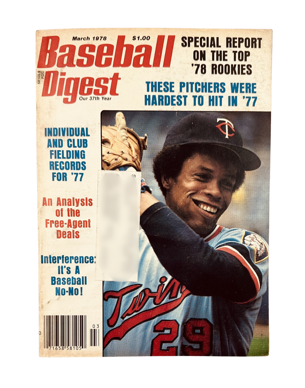 Baseball Digest Magazine March 1978 featuring Rod Carew on the cover, highlighting the special report on the toughest pitchers to hit in '77 and details about emerging rookie prospects. This collectible magazine is in good condition.