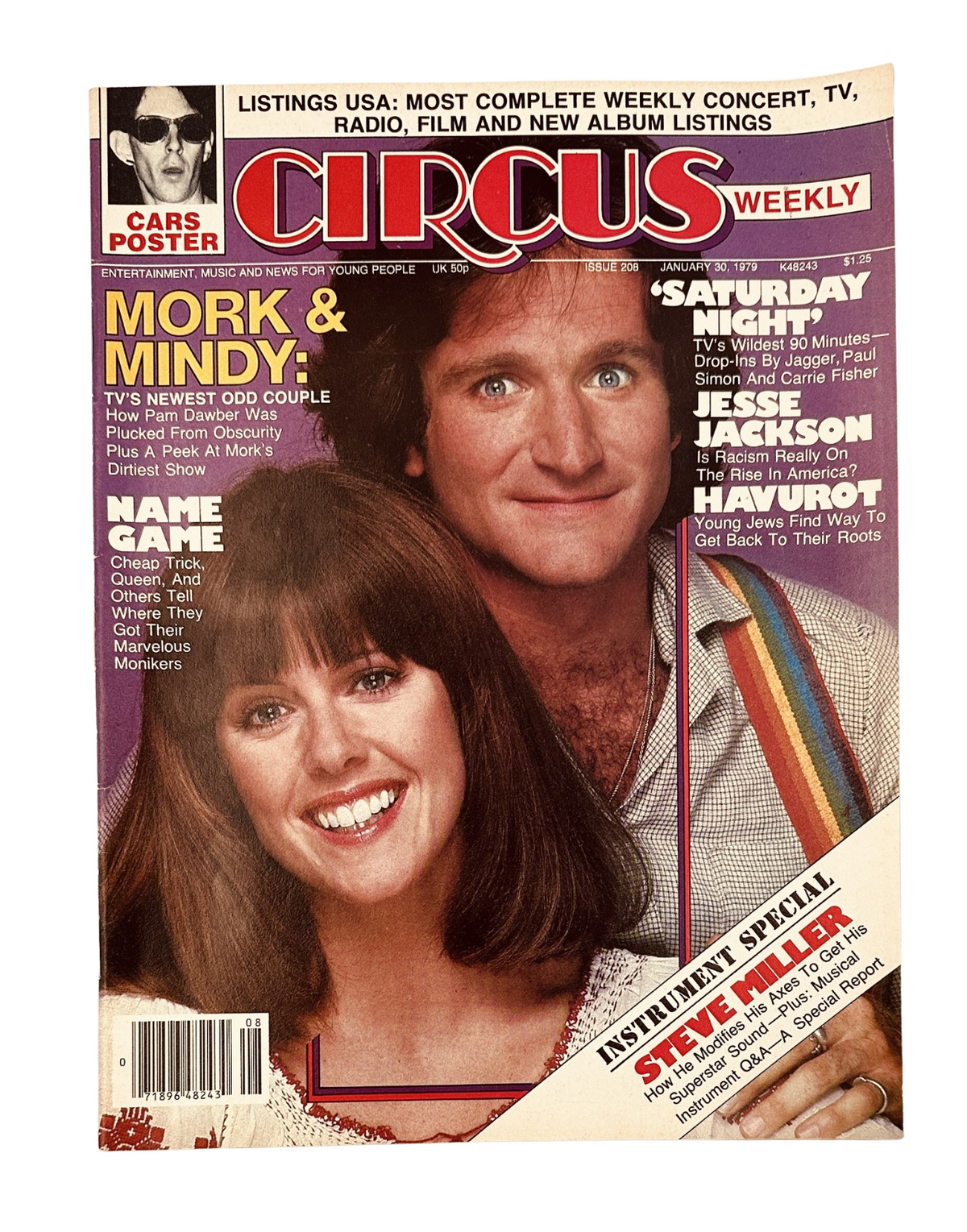 Cover of Circus Weekly Magazine January 30, 1979 featuring Mork and Mindy with Robin Williams and Pam Dawber. The magazine is highlighted for its entertainment content.