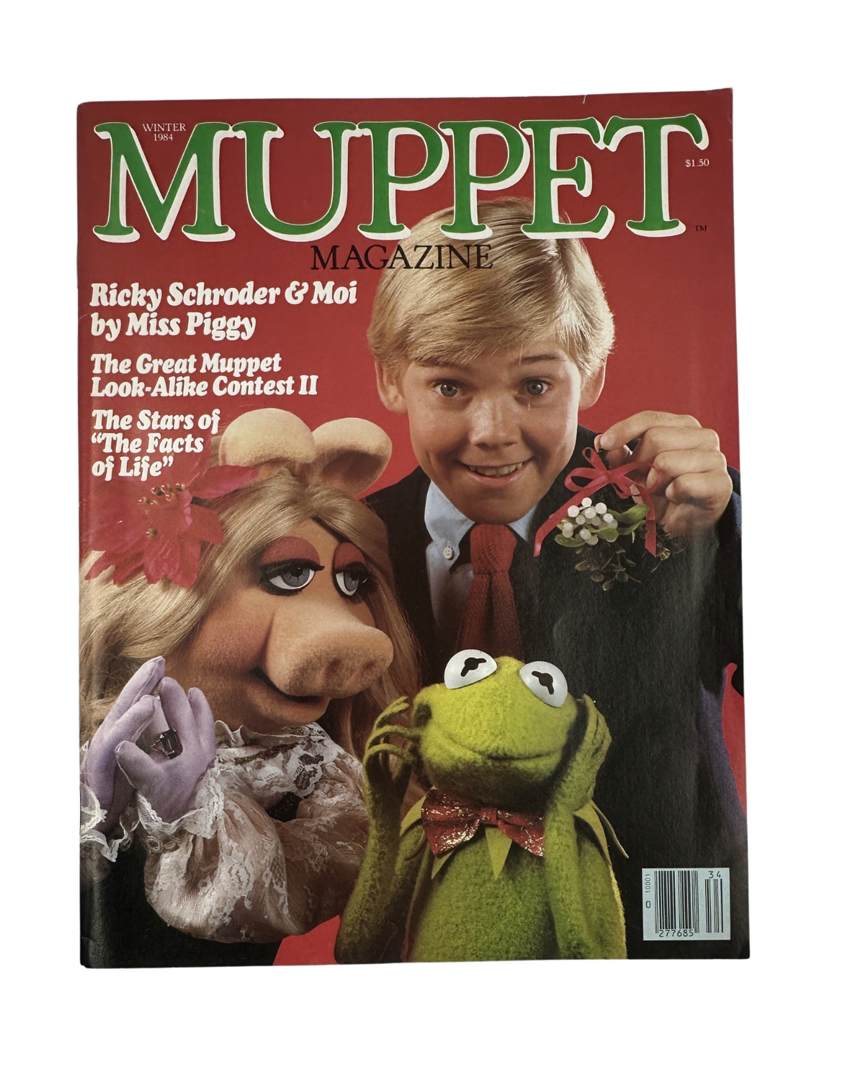 Cover of Muppet Magazine Winter 1984 featuring Ricky Schroder and Miss Piggy, with Kermit the Frog. Highlights the Great Muppet Look-Alike Contest II and The Stars of The Facts of Life.