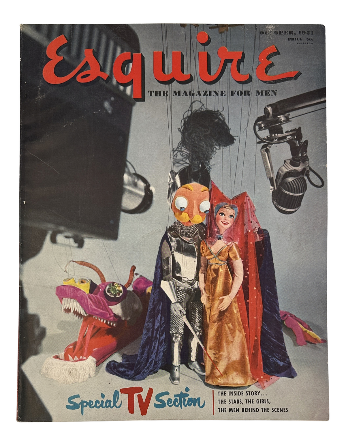 Esquire Magazine from October 1951 featuring Aldous Huxley in the TV section, with puppets and microphones on the cover, showcasing a Special TV Section.