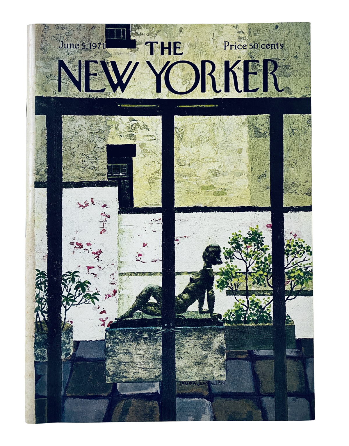 Cover of The New Yorker Magazine, June 5, 1971, featuring artwork by Laura Jean Allen, depicting a courtyard with a statue against a textured backdrop.