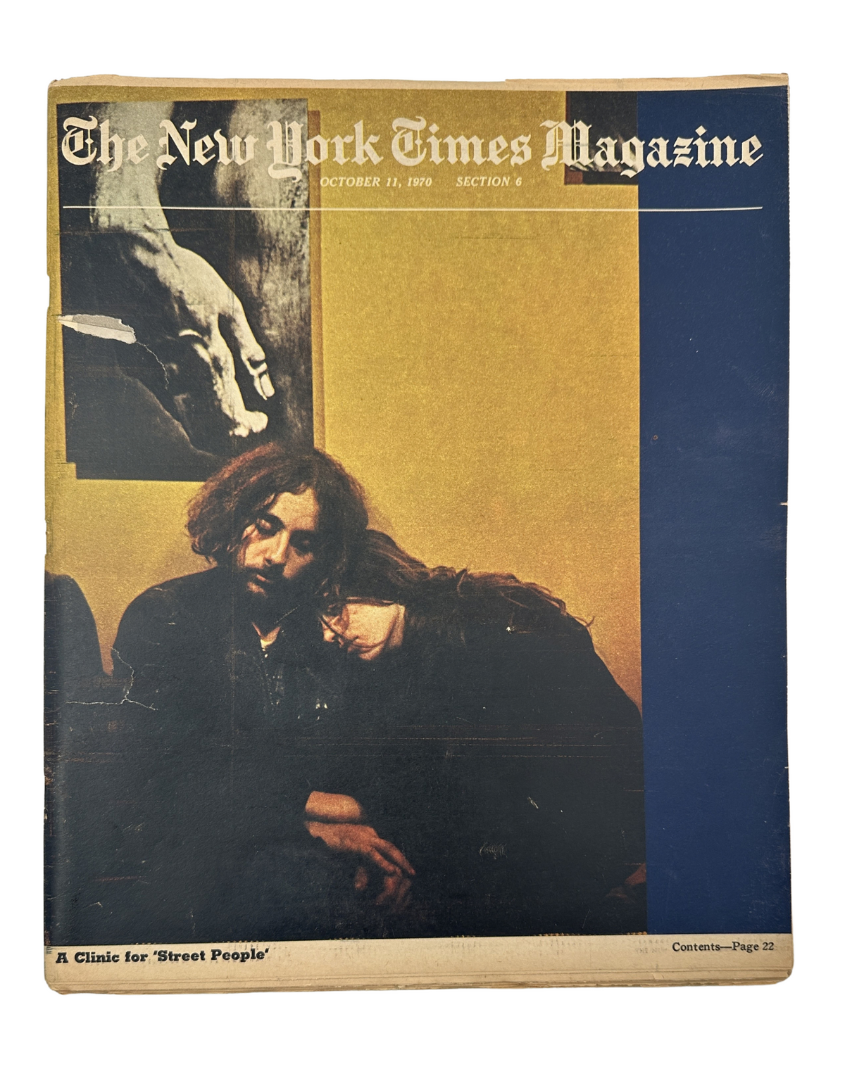 Cover of The New York Times Magazine from October 11, 1970, featuring the article 'A Free Clinic for Street People.' The image showcases a photograph with two figures, highlighting the theme of social support for marginalized communities.