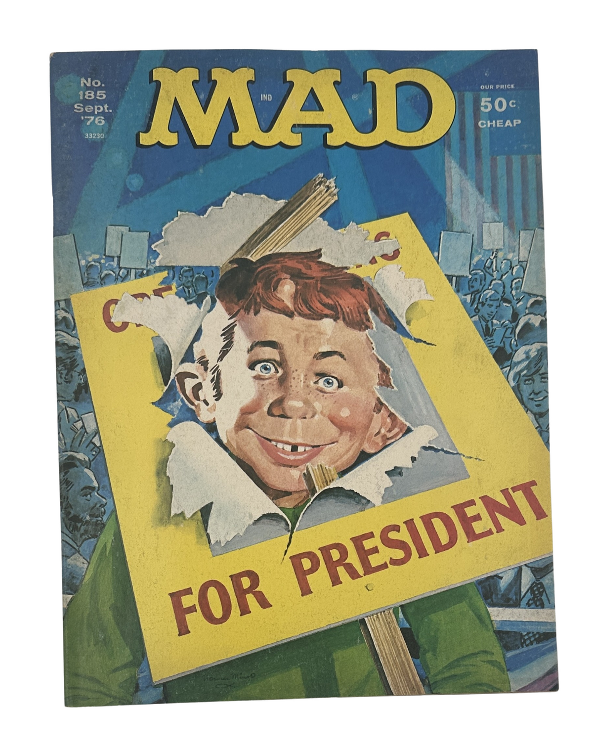 Cover of MAD Magazine No. 185 from September 1976 featuring Alfred E. Neuman as a political candidate holding a sign that reads 'FOR PRESIDENT.' The cover represents the satirical theme of the magazine.