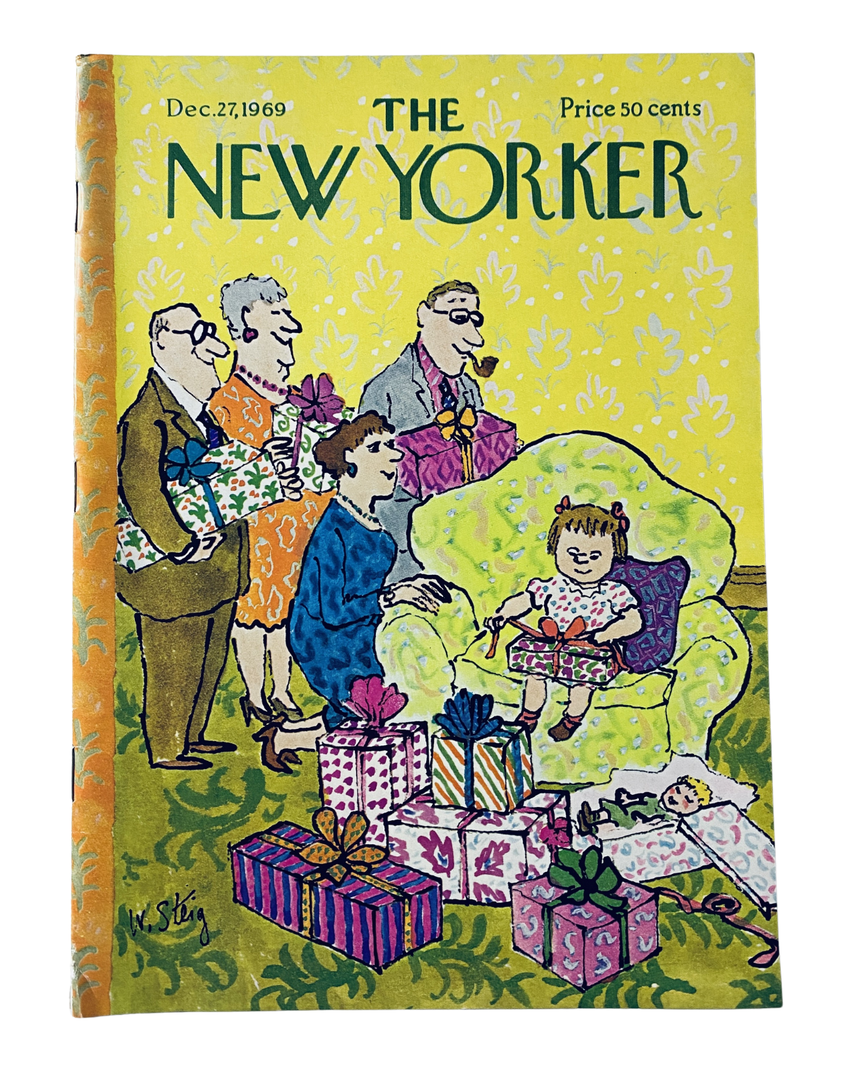 The New Yorker Magazine December 27, 1969 William Steig Christmas Cover featuring a colorful illustration of a family gathered around a Christmas tree with presents.
