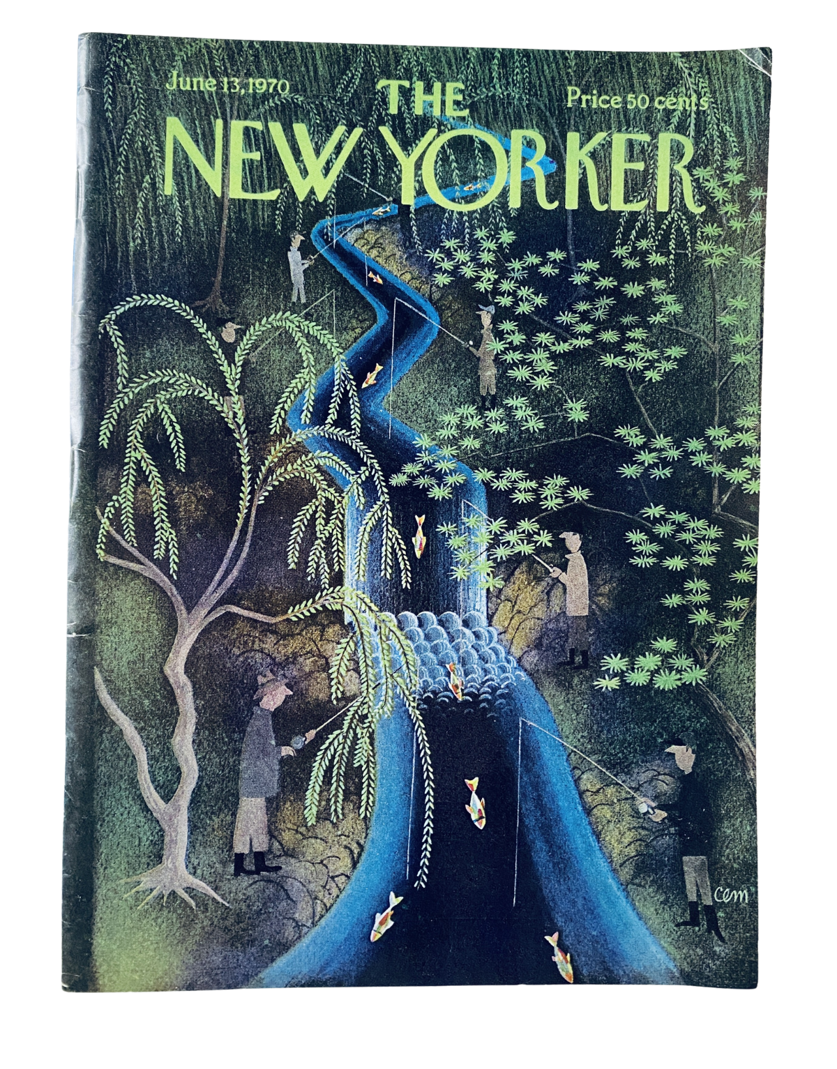 The New Yorker Magazine June 13, 1970 cover by Charles E. Martin featuring a serene river fishing scene surrounded by lush greenery and whimsical characters.