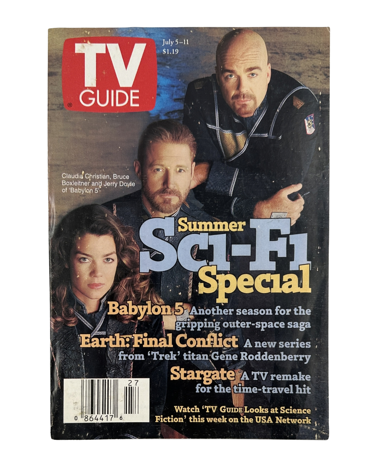 TV Guide Magazine July 5, 1997 Summer Sci-Fi Special featuring Babylon 5 cover with actors Claudiu Christian, Bruce Boxleitner, and Jerry Doyle.