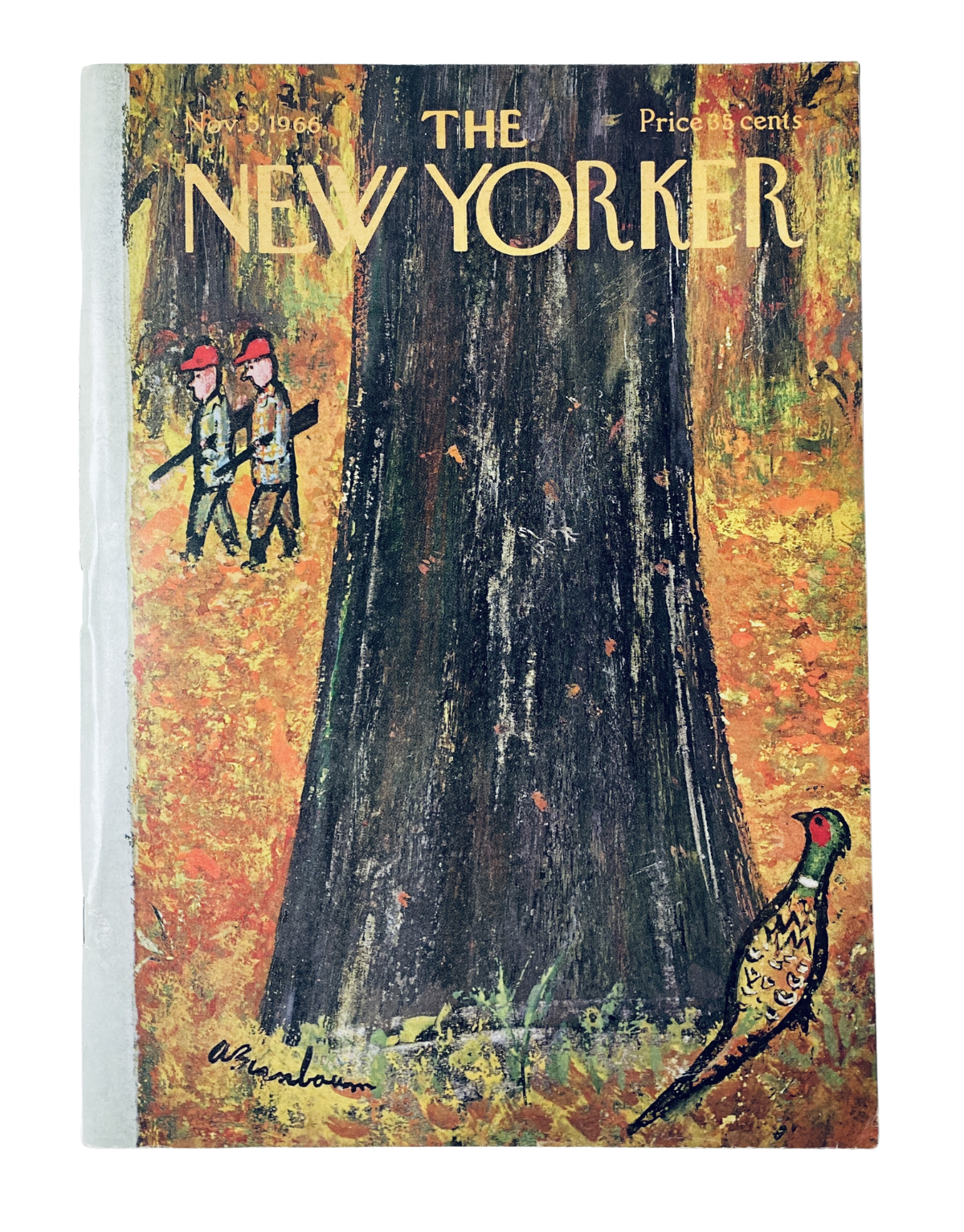 Cover of The New Yorker Magazine from November 5, 1966, featuring a colorful illustration of hunters near a tree and a pheasant, in very good condition, priced at cents.