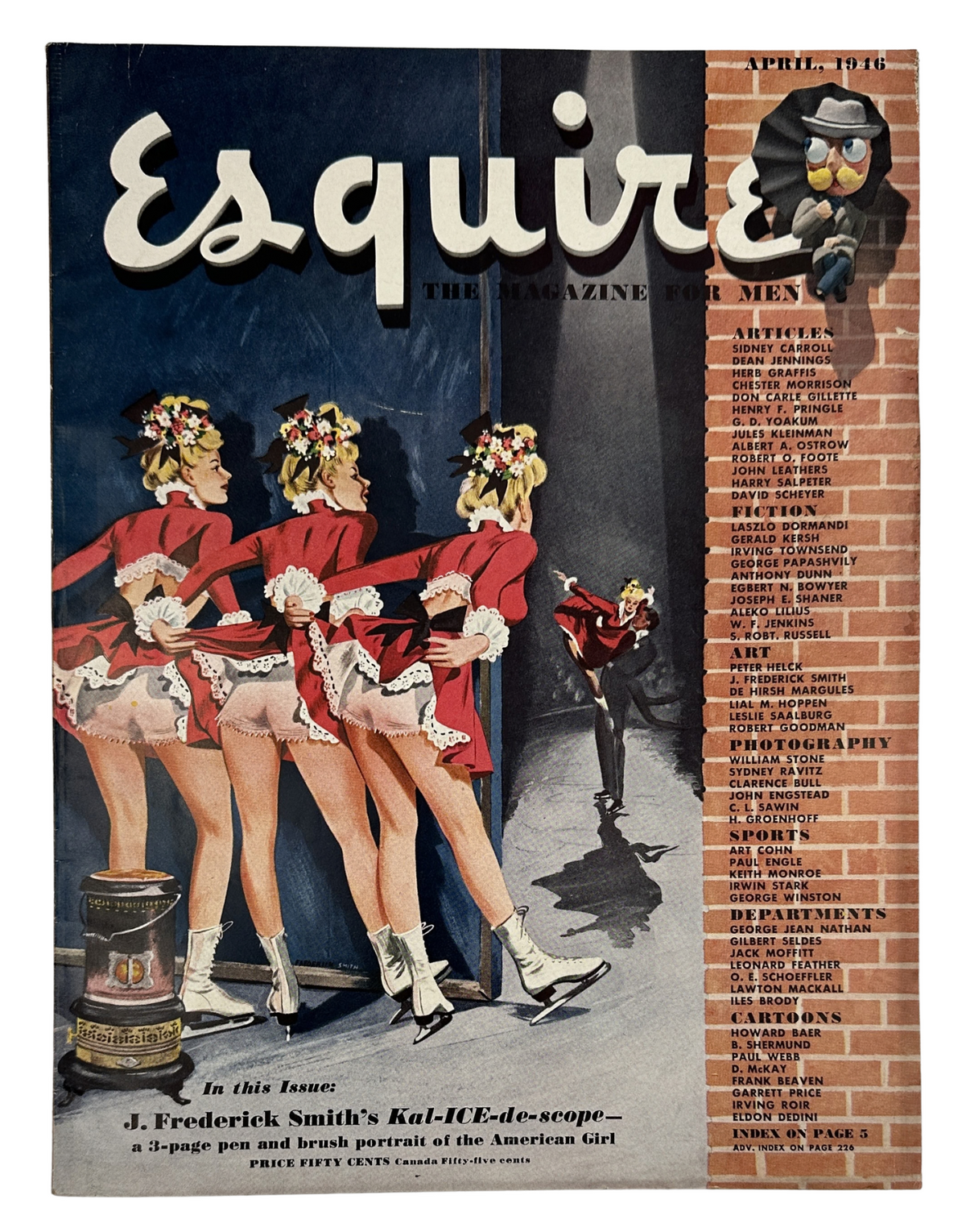 Esquire Magazine April 1946 cover featuring colorful illustration, showcasing J. Frederick Smith's Kal-ICE-de-scope along with Esquire Girl foldout and pinup, emphasizing vintage magazine art and style.