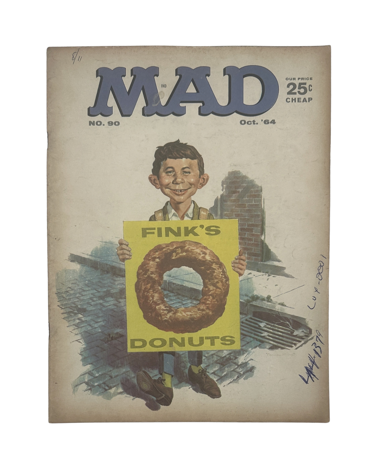 Cover of MAD Magazine No. 90 from October 1964 featuring a character holding a sign that reads 'FINK'S DONUTS', illustrating the humorous content typical of the magazine.