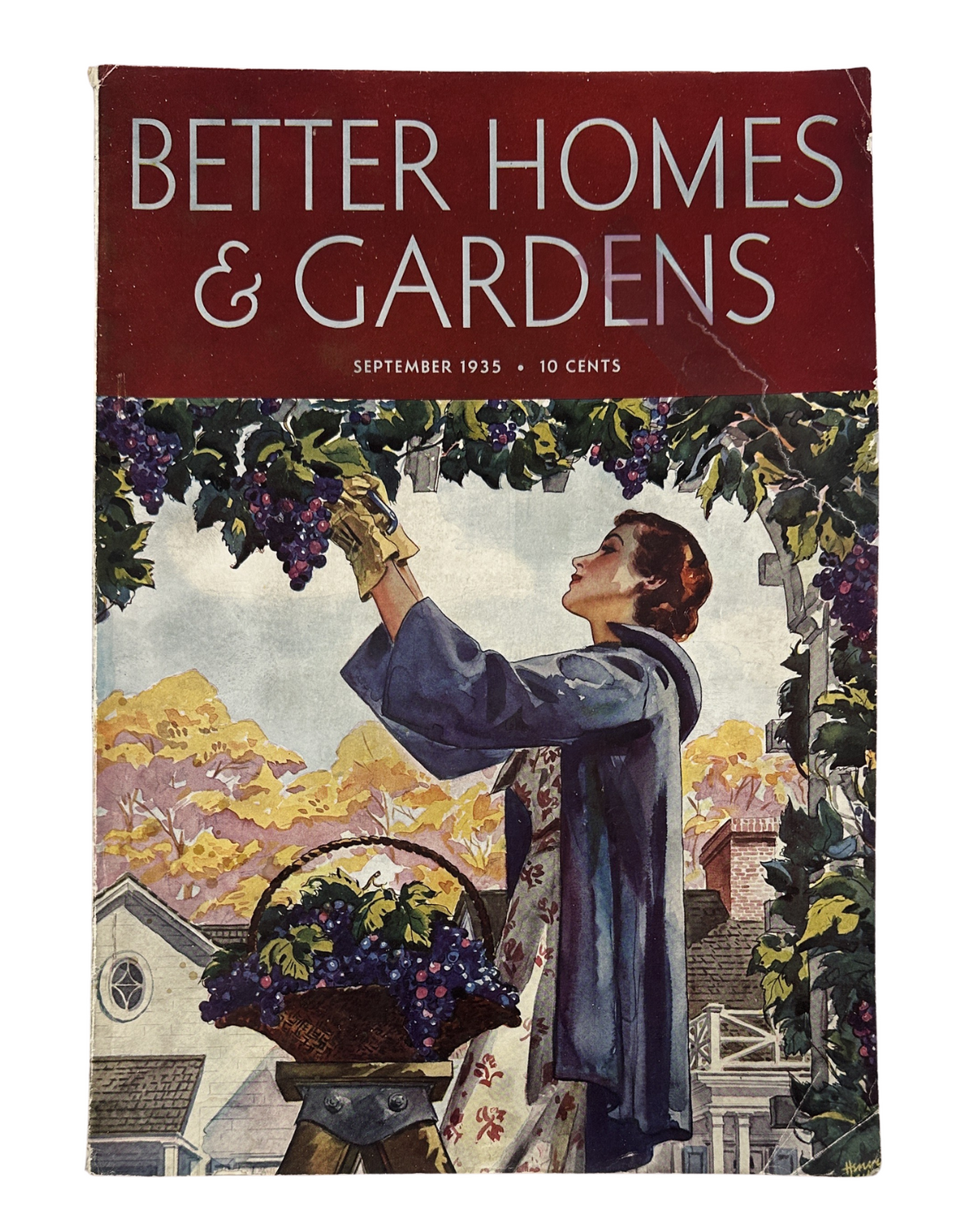 Cover of Better Homes & Gardens Magazine, September 1935, depicting a woman harvesting grapes with a basket, showcasing autumn foliage in the background.