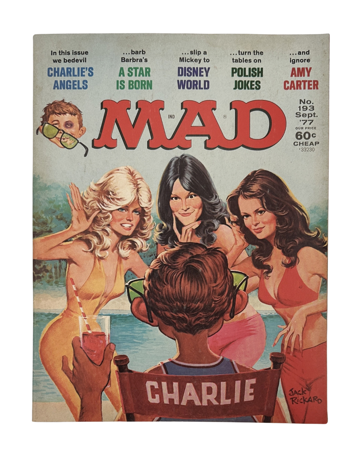 MAD Magazine No. 193 cover from September 1977 featuring Charlie's Angels, A Star Is Born, and a cartoon character holding a drink. The artwork is by Jack Rickard.