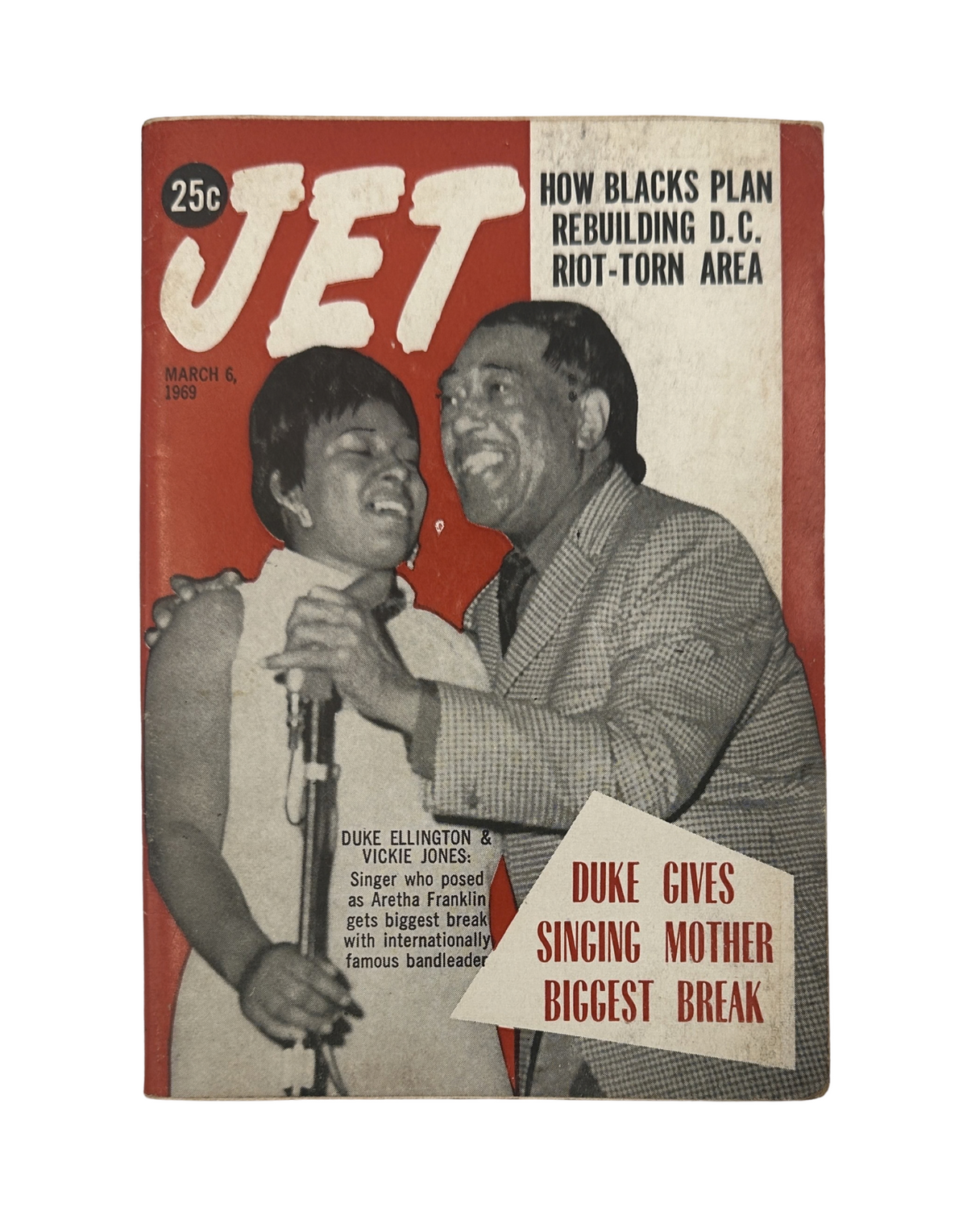 Jet Magazine March 6, 1969 cover featuring Duke Ellington and Vickie Jones, discussing the rebuilding of riot-torn D.C. area.