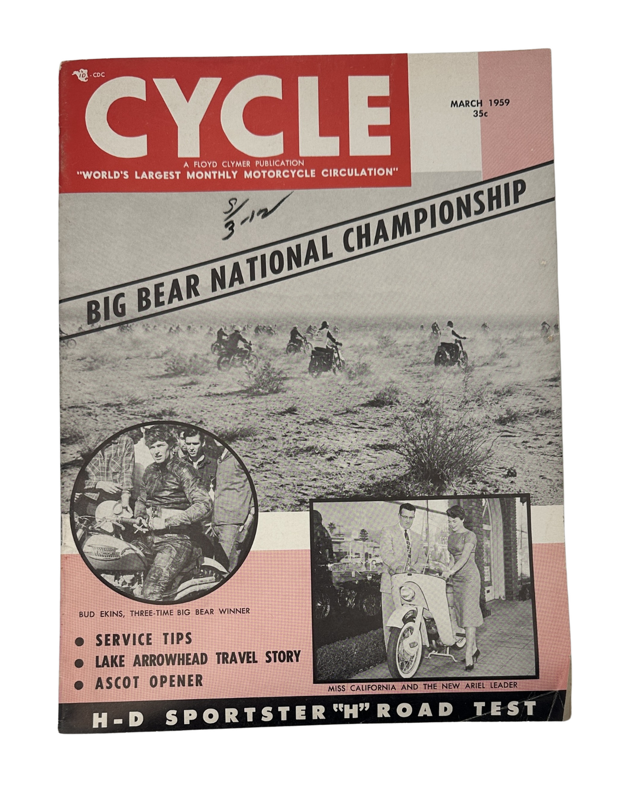 Cover of Cycle Magazine March 1959 featuring the title 'Cycle' and the main article 'Big Bear National Championship' with a visual of motorcycle racers on a snowy terrain, showcasing the Bud Ekins Sportster Road Test.