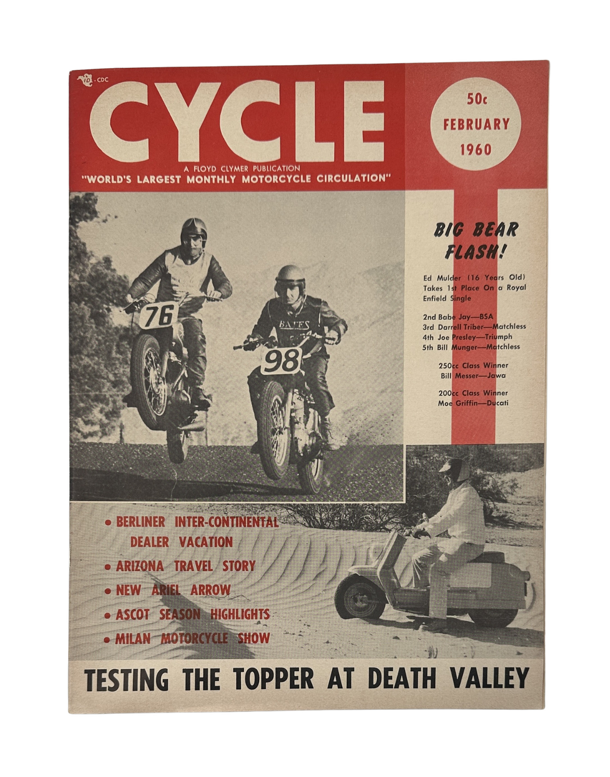 Cycle Magazine February 1960 cover featuring motocross racers and the Topper Scooter at Death Valley, showcasing highlights from the edition including Berliner Inter-Continental Dealer Vacation and New Ariel Arrow.