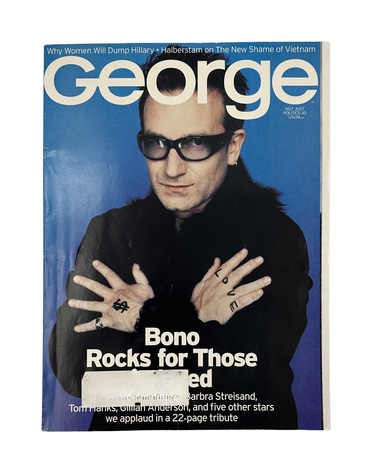Cover of George Magazine April 2000 featuring Bono of U2, titled 'Bono Rocks for Those in Need'. The cover emphasizes Bono's activism and highlights a tribute to various celebrities.